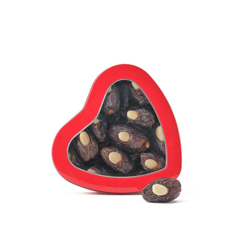 Walnut Tree Heart-Shaped Tin - Gourmet Medjool Dates Gift, Studded with Almonds - Hand Packed - Great Taste Award Winner - Luxury Valentine’s Day Gift for Women & Men, Birthday, Anniversary, 270g