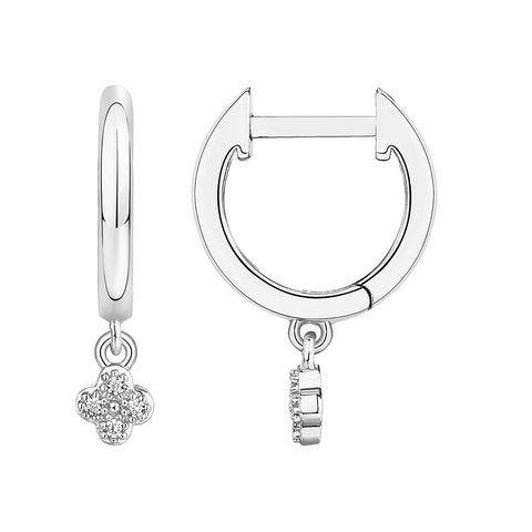 PAVOI 14K White Gold Plated 925 Sterling Silver Post Huggie With Dangle | Small Gold Hinged Hoop Earrings For Women | Trendy Clover Dangle Hoop Earrings | CZ Huggie Earrings