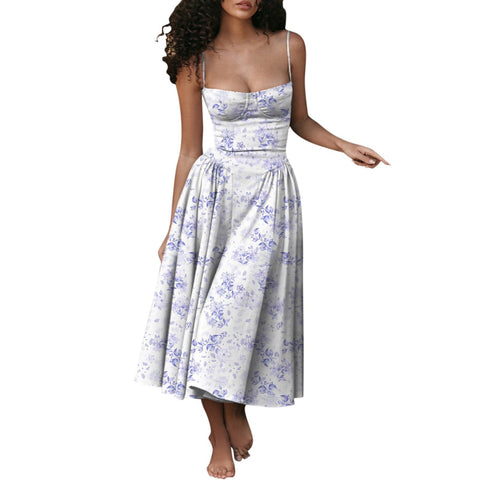 Floral Corset Dress for Women Elegant Sleeveless Bustier Midi Dress Flowy Pleated Hem Low Cut Sundress with Pockets Spring Y2k Boho Party Dresses Summer Square Neck Mother of The Bride Dresses