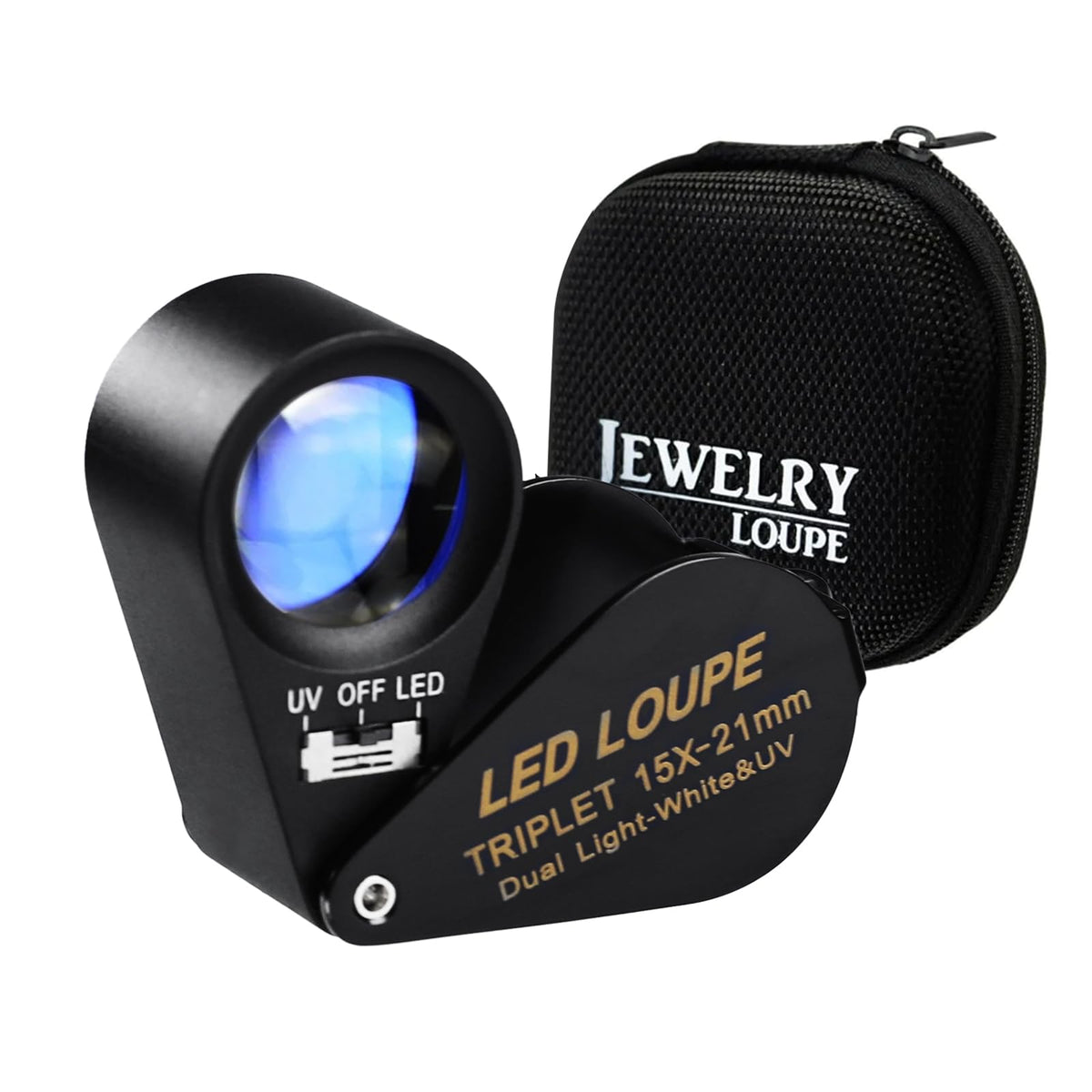GAIN EXPRESS 15x 21mm Optic Glass Loupe 6 LED & UV Magnifier Jeweler Foldaway Pocket Black Frame Triplet Lens Magnifying Gem Jeweler