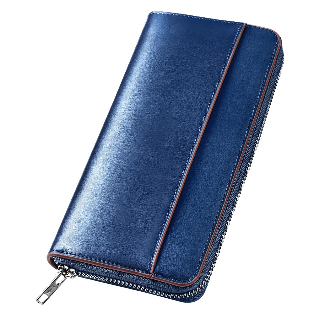 Matakul LONG WALLET,Leather Wallet, Long Zippered Pouch Wallet for Men, Tochigi Leather Wallet with YKK Zipper,Large Capacity,Coin Purse,Stylish,Unisex,Present for Chirstmas New Year, Blue, The