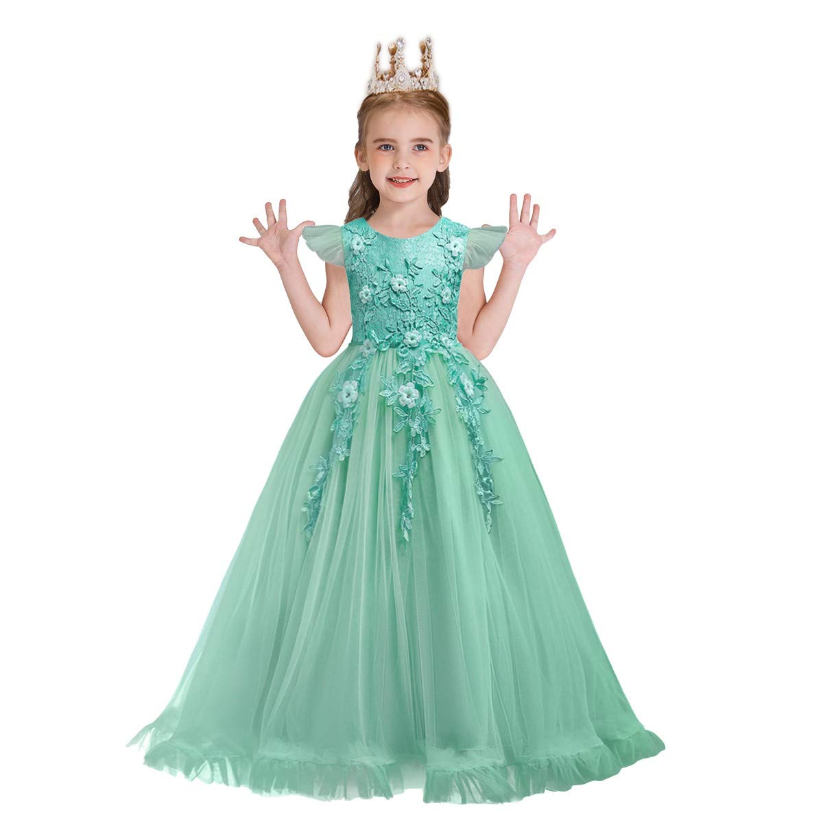 HIHCBF Flower Girls Embroidered Lace Princess Communion Dress Ruffle Tulle Wedding Birthday Pageant Evening Ball Gown Turquoise 5-6T