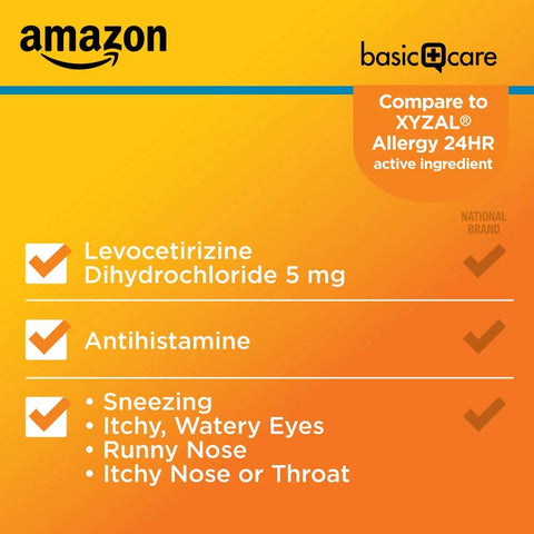 Amazon Basic Care 24 Hour Allergy Relief, Levocetirizine Dihydrochloride Tablets, 5 mg, Antihistamine, Relieves Sneezing, Runny Nose, Itchy Nose or Throat and Itchy, Watery Eyes, 80 Count