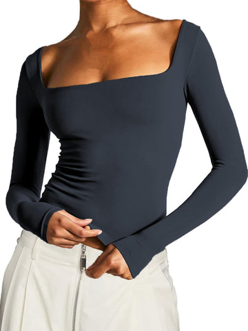 TiulZial Long Sleeve T Shirt Women - Square Neck Going Out Tops Double Lined Tight Shirt Y2K Crop Top Slim Fit, Dark Grey, XS
