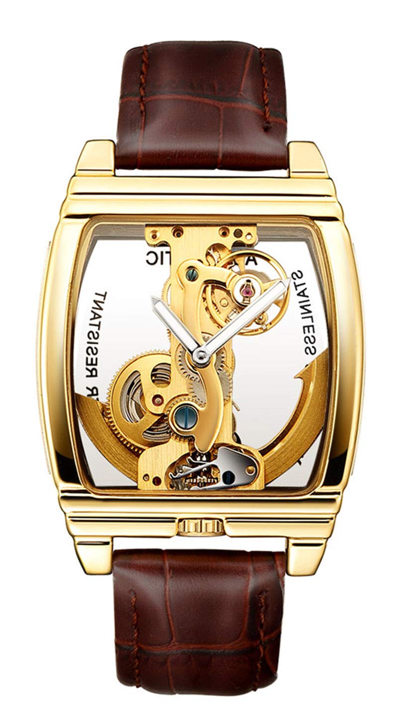 MASTOP Luxury Transparent Mens Automatic Steampunk Skeleton Self Winding Mechanical Leather Dress Wristwatches (Brown Gold)