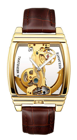 MASTOP Luxury Transparent Mens Automatic Steampunk Skeleton Self Winding Mechanical Leather Dress Wristwatches (Brown Gold)