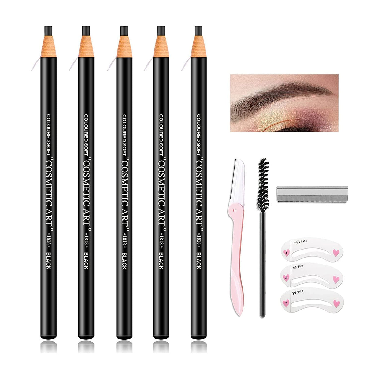 5P Waterproof Eyebrow Pencil,Pull Cord Peel-off Brow Pencil Microblading Eyebrow Pen Supplies Set Brow Pen Eyebrow Tattoo Makeup for Marking,Filling and Outlining,with Eyebrow Trimming Tool(Black)