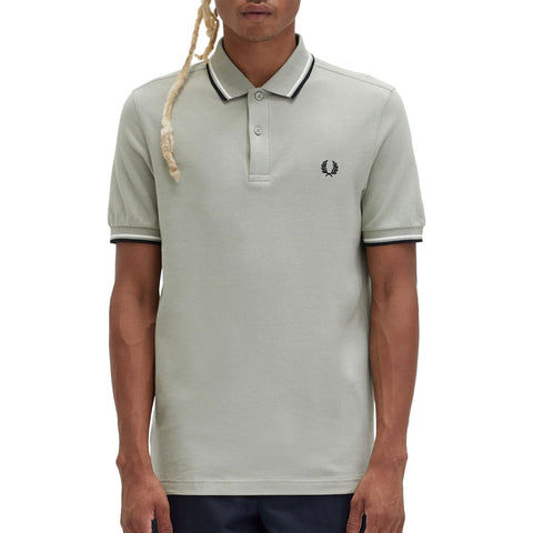 Fred Perry Mens Twin Tipped Polo Shirt M3600 100% Cotton in Seagrass Pale Green Tipped with Snow White and Black Size Small