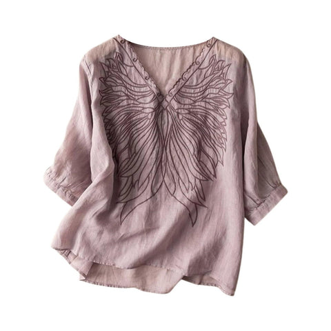 NAKEAH Women Dressy Casual Cotton Linen Embroidery Blouse Crew Neck Tunic Elbow Sleeve Shirts Summer Plus Size Tops 17_Purple M