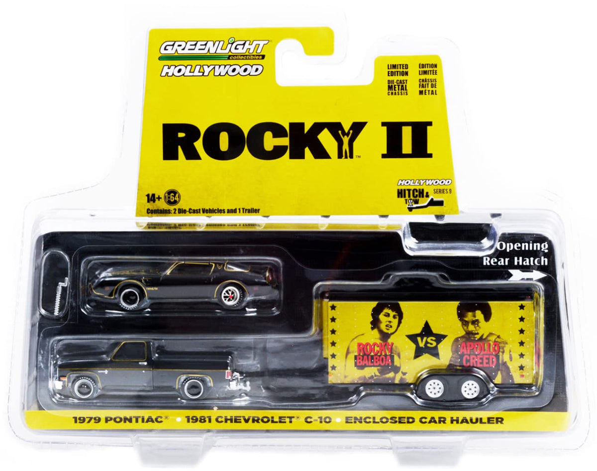1981 Chevy C-10 Custom Pickup Black & 1979 Pontiac Firebird T/A Black Rocky's & Enclosed Car Hauler Rocky II Movie 1/64 Models by Greenlight 31120 A