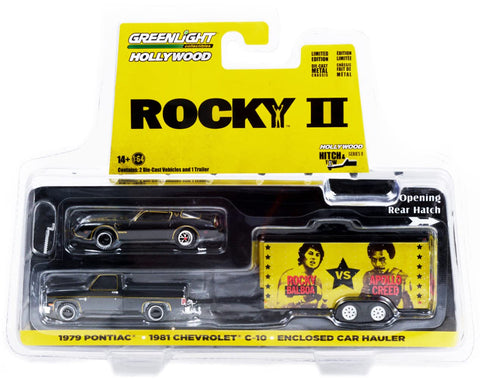 1981 Chevy C-10 Custom Pickup Black & 1979 Pontiac Firebird T/A Black Rocky's & Enclosed Car Hauler Rocky II Movie 1/64 Models by Greenlight 31120 A
