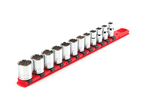 TEKTON 3/8 Inch Drive 12-Point Socket Set with Rail, 12-Piece (8-19 mm) | SHD91104