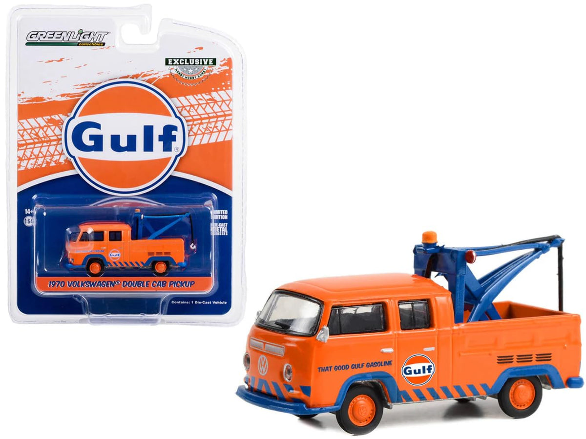 Greenlight 1970 Volkswagen Double Cab Pickup Tow Truck Orange Gulf Oil - That Good Gulf Gasoline Hobby Exclusive Series 1/64 Diecast Model Car
