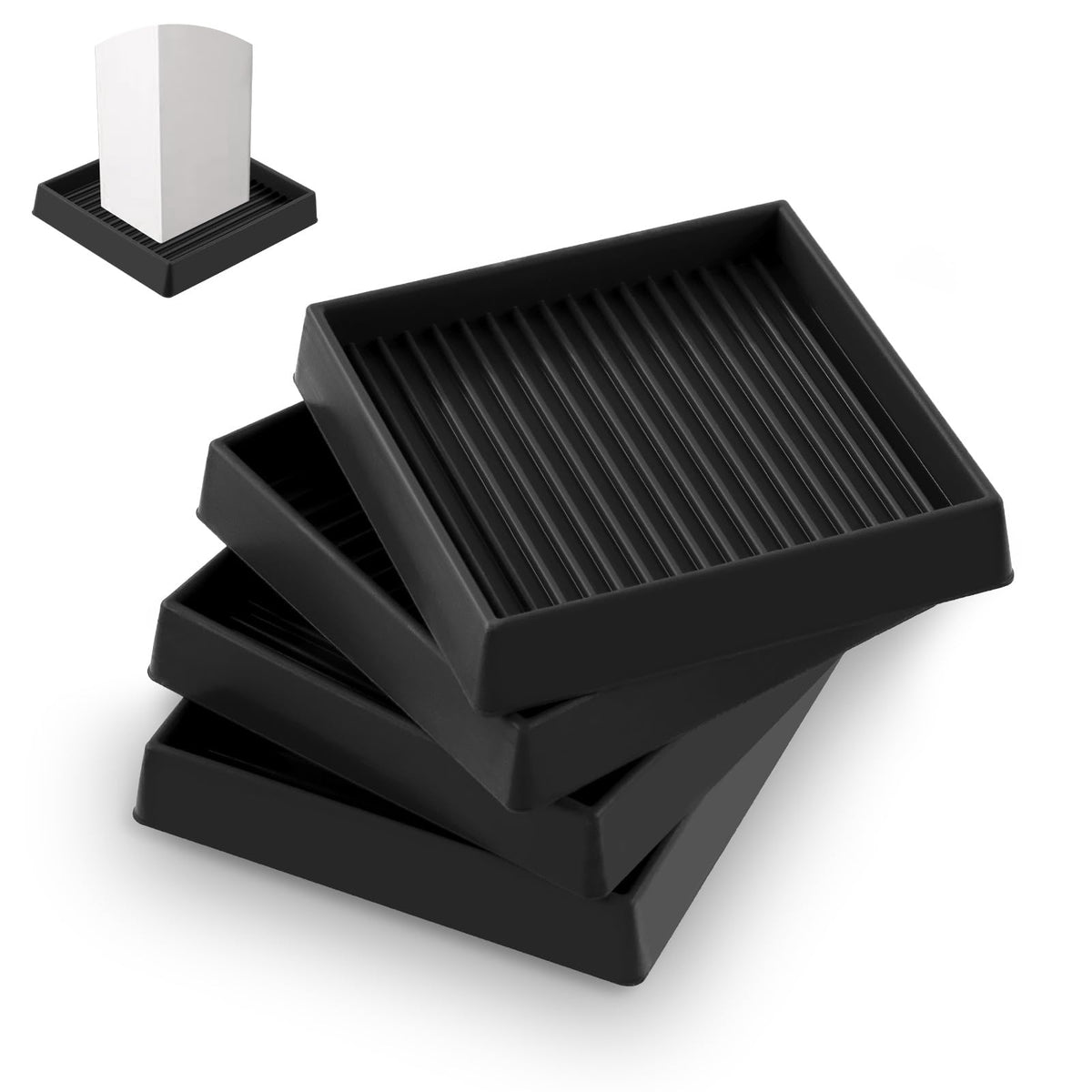Rustark 4Pcs 75mm 3 Inch Black Square Rubber Caster Cups Non Slip Furniture Square Pads Coasters Square Pads Hardwoods Floors Protectors Non Skid Square Furniture Feet Caps for Bed Couch Tables Chair