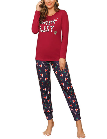 EISHOPEER Women's 2 Piece Cotton Long Sleeve Pajamas Set Cute Print Top and Pants Pjs Loungewear Sleepwear Sets, Christmas Wine Red & Navy, XXL