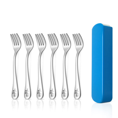 HaWare Toddler Fork, 6 Pcs Stainless Steel Kids Forks Set, Small Metal Fork with Blue Cutlery Case, Children Safe Utensils Fork for KidsÃƒÆ’Ã‚Â¢ÃƒÂ¢Ã¢â‚¬Å¡Ã‚Â¬ÃƒÂ¢Ã¢â‚¬Å¾Ã‚Â¢ Self Feeding, Animal Edge& Round Fork Tines, Dishwasher Safe