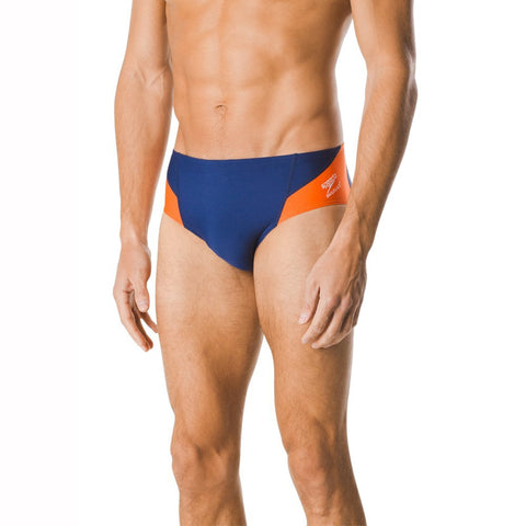 Speedo Men's Swimsuit Brief Endurance+ Splice Team Colors , Navy/Orange Spark, 32