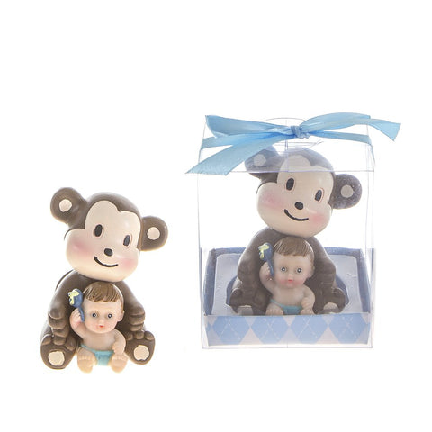 Lunaura Baby Keepsake - Set of 12 "Boy" Baby Holding Rattle Sitting Next to Monkey Favors - Blue
