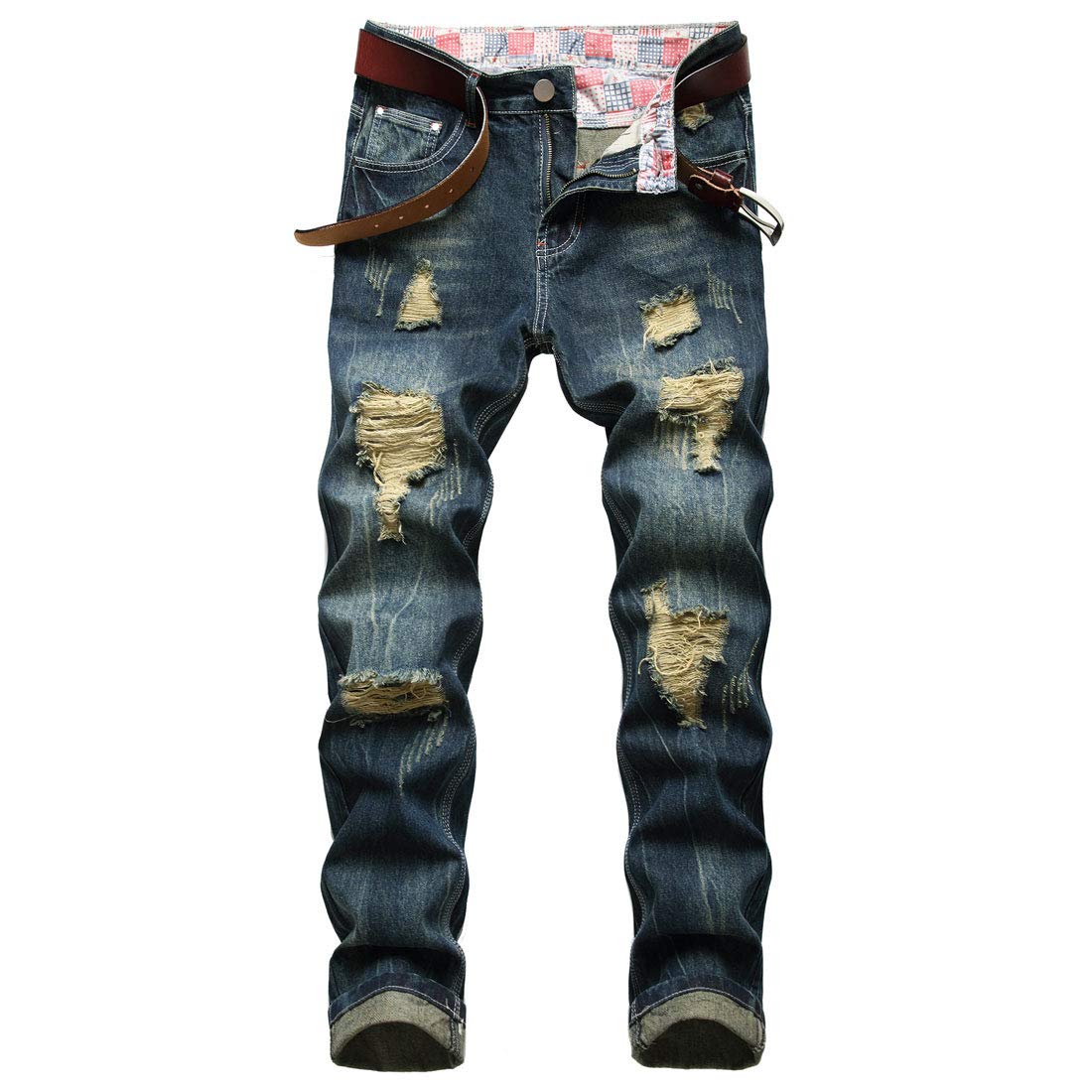 utcoco Men's Slim Fit Mid Waist Straight Leg Ripped Distressed Holes Classic Denim Patches Jeans Retro Blue 36