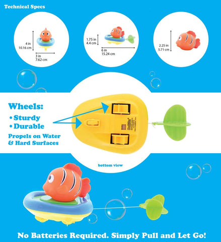Dollibu Boat Racer Buddy, Fun Educational Bath Toy Finger Puppet Pull and Go Water Racing Sea Life Pal for Shower Pool Bathtub Swim Hard Surfaces - Baby Toddler and Boy - 6 Inch - 3 in 1 Game - Fish