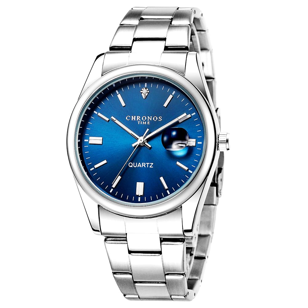 CHRONOS Mens Watches Dress Designer Analog Quartz Stainless Steel Silver Waterproof Fashion Casual Gent Wrist Watches with Date (Blue)
