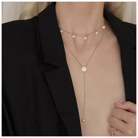 Yheakne Boho Layered Disc Pearl Necklace Gold Coin Pendant Necklace Long Y Lariat Necklace Chain Vintage Pearl Dangle Chain Necklace Jewelry for Women and Girls Gifts