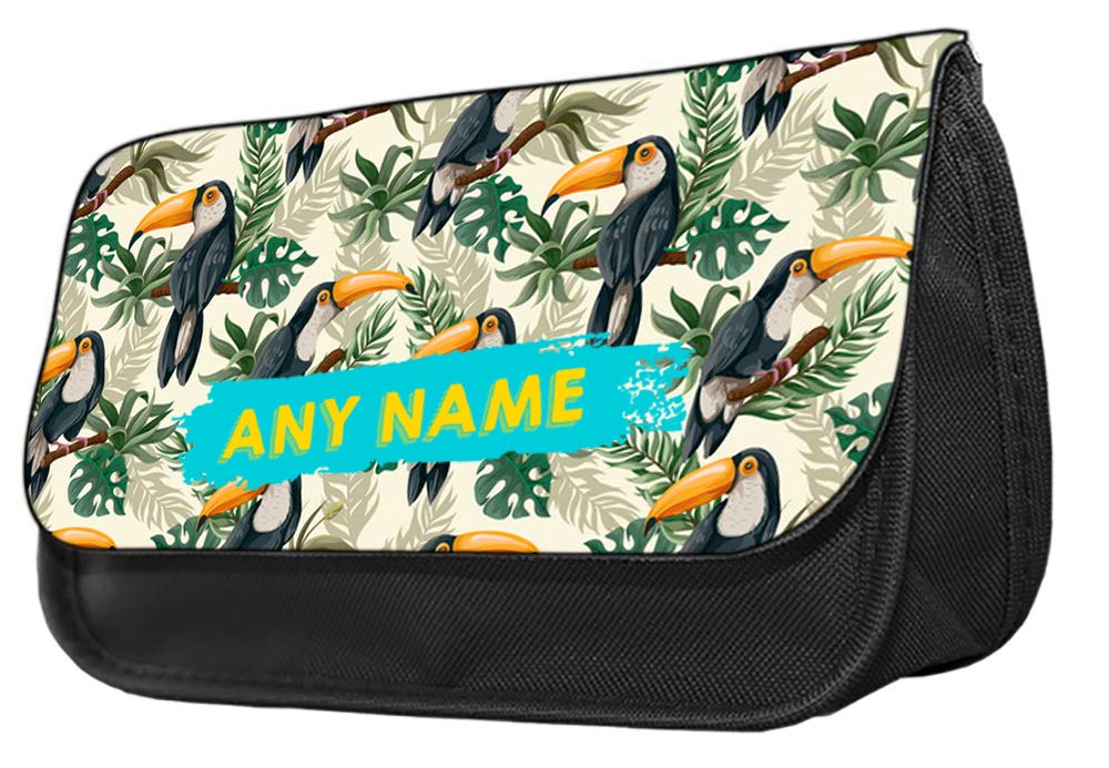 Personalised Toucan Bird Pattern Inspired Any Name Pencil Case Make up Bag Zipper Pouch Cosmetic Brush Pouch.