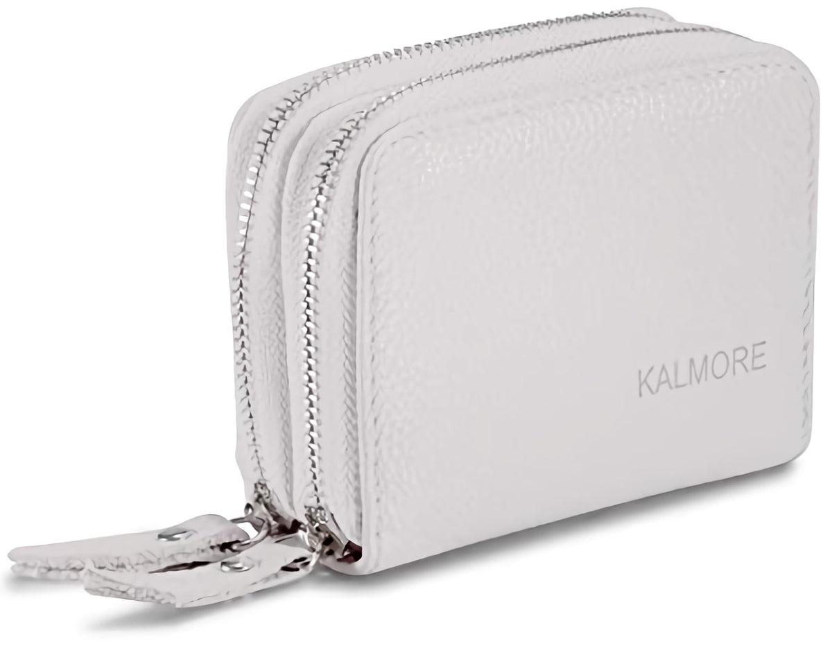 KALMORE Women's Leather RFID Secured Spacious Cute Card Wallet Small Purse, White, Two Zippers