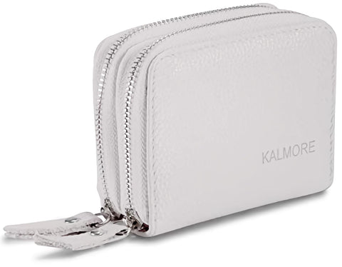 KALMORE Women's Leather RFID Secured Spacious Cute Card Wallet Small Purse, White, Two Zippers