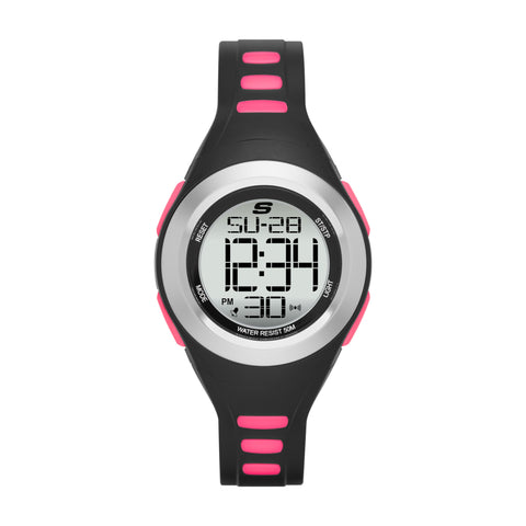Skechers Women's Tennyson Quartz Metal and Silicone Digital Watch Color: Silver, Black/Pink (Model: SR2019)