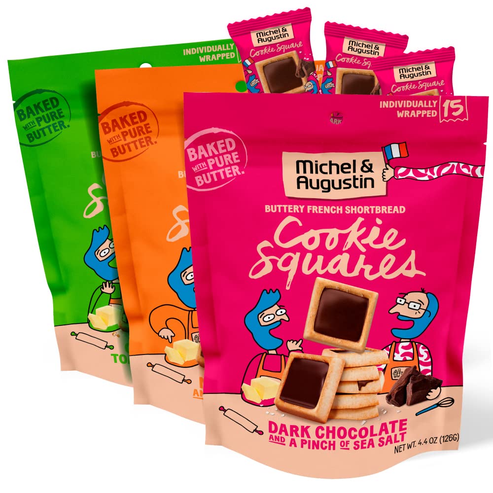 Michel et Augustin Gourmet Chocolate Cookie Squares, Individually Wrapped European Cookies, 3-Bag Variety Pack, 15 French Shortbread Cookies per Bag