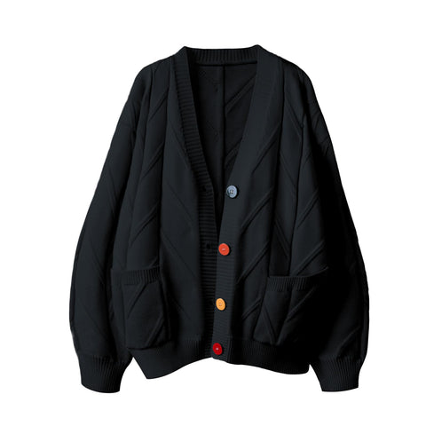 Women's Long-Sleeved Open Front Cable Knit Cardigan - V-Neck Sweater Button Down, Wool Blend Embroidery Cardigan, Black Z, M