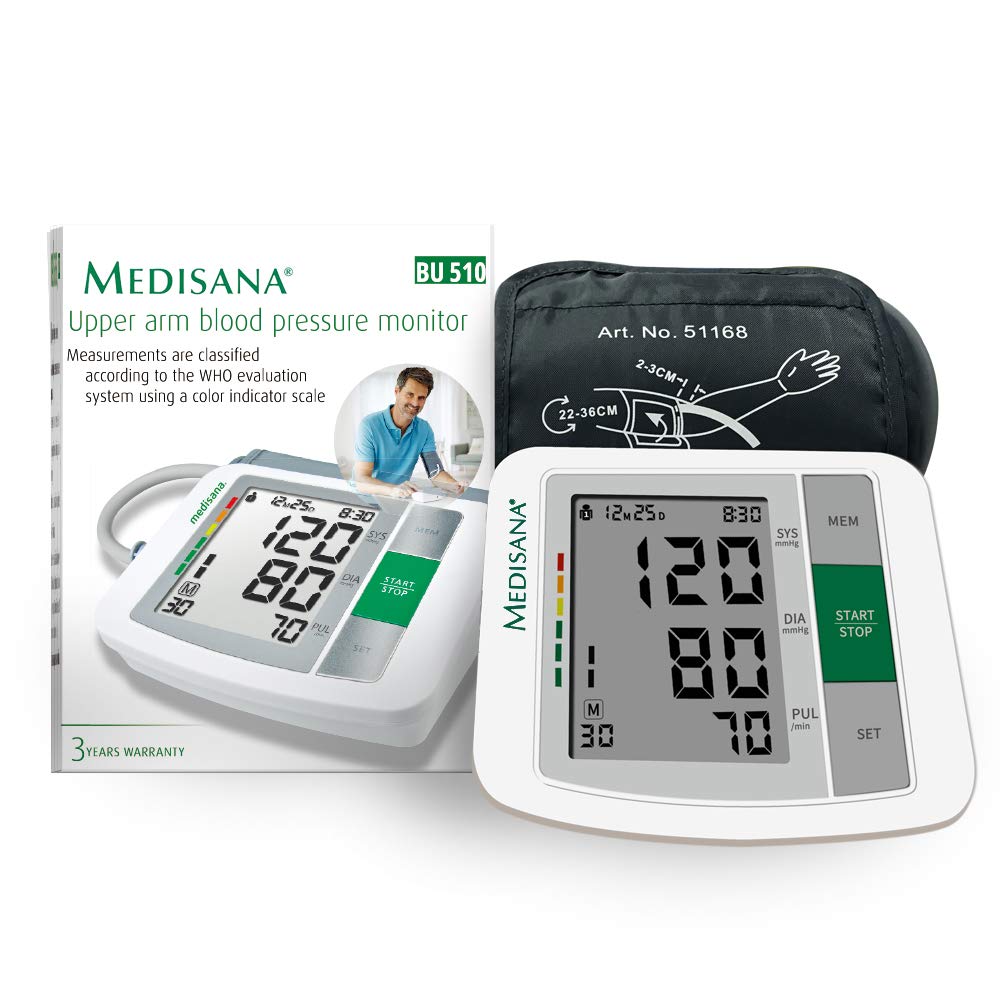 Medisana Blood Pressure Monitor: Automatic Upper Arm Machine Accurate Adjustable Digital BP Cuff Kit for Home Use Includes Batteries, Carrying Case