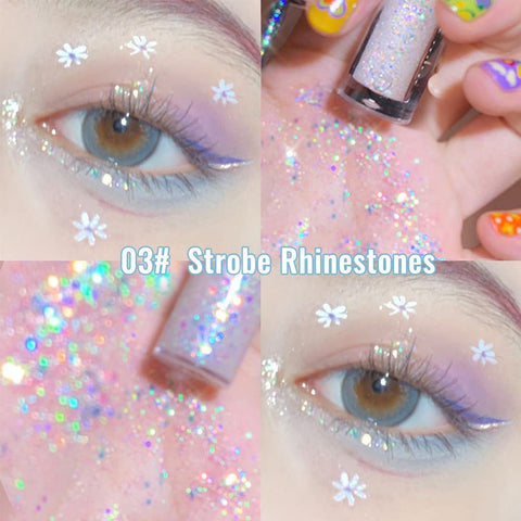 Erinde Liquid Glitter Eyeshadow Eyeliner -Korean Makeup, | Tear Drop, Shimmer Metallic, Lightweight Water Texture, Long Wearing | Loose Glitter Glue for Crystals Eye Glitter #03 Strobe Rhinestones