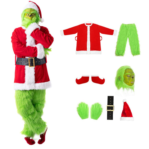 Applysu Adult Costume Set 7PCS, Halloween Christmas Costume for Men Women Deluxe Furry Adult Santa Suit Outfit