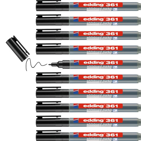 edding 361 whiteboard marker - black - 10 whiteboard pens - round tip 1 mm - whiteboard pen dry wipe - for whiteboards, flipcharts, pinboards, magnetic and memo boards - sketchnotes - refillable