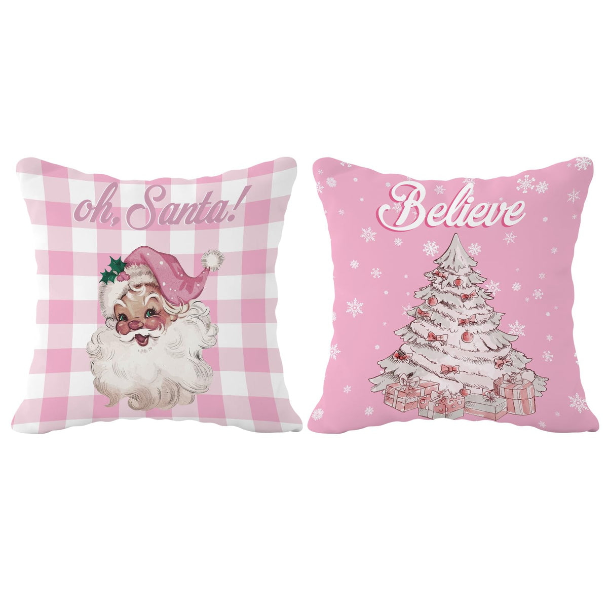 FLDAS Pink Christmas Pillow Covers 18x18 Set of 2, Pink Christmas Pillow Cases, Pink Christmas Decor, Winter Pillow Covers, Christmas Tree Pink Santa Pillows Decorative Throw Pillows Cover
