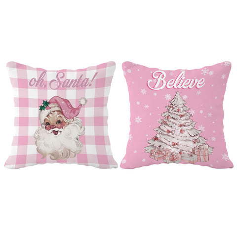 FLDAS Pink Christmas Pillow Covers 18x18 Set of 2, Pink Christmas Pillow Cases, Pink Christmas Decor, Winter Pillow Covers, Christmas Tree Pink Santa Pillows Decorative Throw Pillows Cover