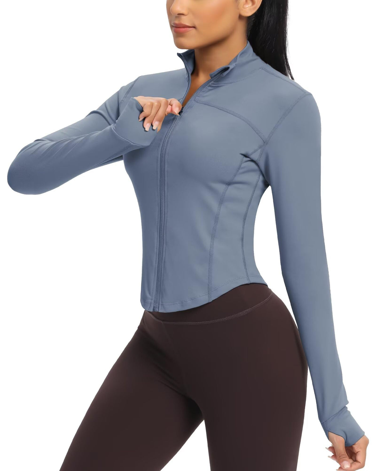QUEENIEKE Women's Cropped Running Jackets - Zip Up Lightweight Athletic Yoga Gym Tops BBL Jacket with Thumb Holes (Ashley Blue, X-Small)