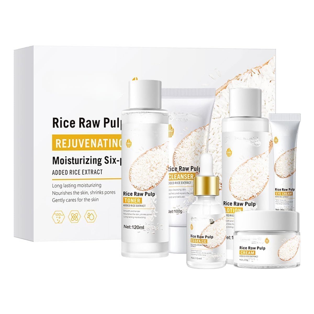 Generic Rice Skin Care Set For Women, 6PCS Gentle Moisturizing Face Care Set With Face Wash, Toner, Emulsion, Serum, Gel, Eye Cream, Natural Skincare Set With Rice Essence For Teen Girls.