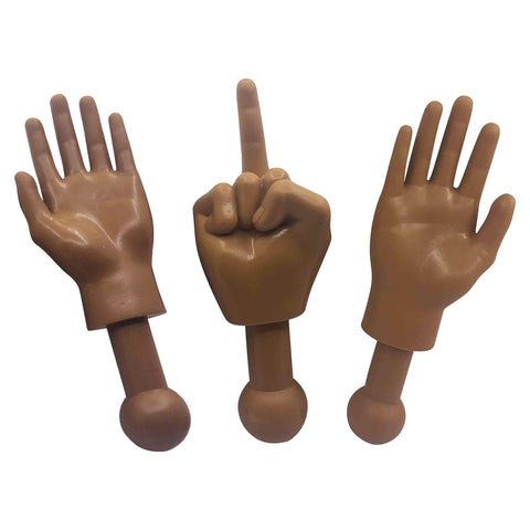 Tiny Hands 4.5-Inch Novelty Toys | Deep Brown Left and Right + Middle Finger Hand | Plastic Puppets with Holding Sticks | Funny Gag Gifts, Figures for Imaginative Playtime