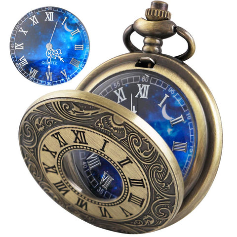 Tiong Vintage Blue Starry Night Moon Dial Roman Numerals Scale Pocket Watch with Chain Gifts for Birthday Graduation Christmas Fathers Day