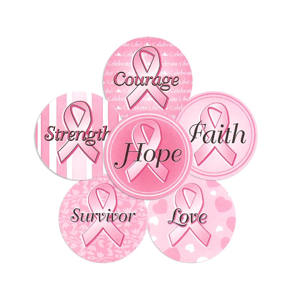 Pink Ribbon Hope Stickers 50 Pack | 1.5" Breast Cancer Awareness Stickers | 5 Unique Messages of Support Including Faith, Love, Courage, Survivor, and Strength.