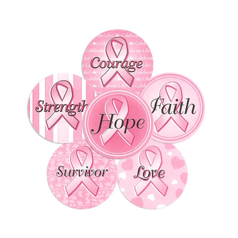 Pink Ribbon Hope Stickers 50 Pack | 1.5" Breast Cancer Awareness Stickers | 5 Unique Messages of Support Including Faith, Love, Courage, Survivor, and Strength.