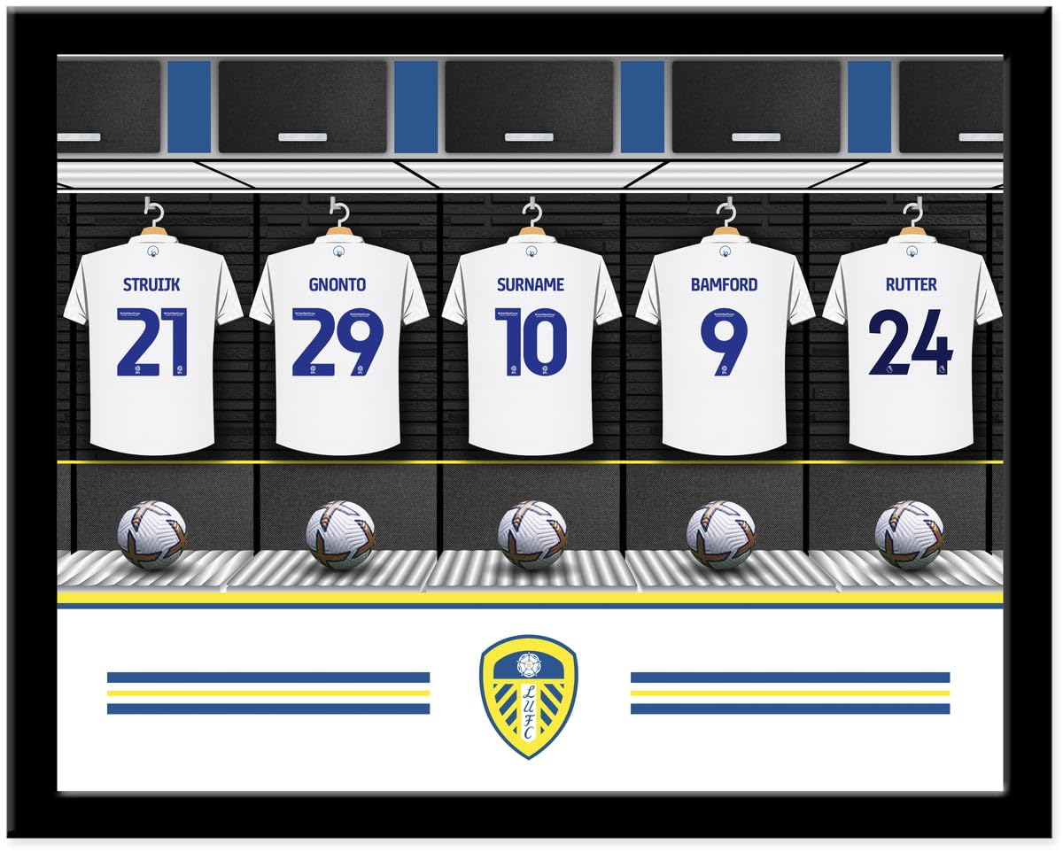Personalised Dressing Room Photo Framed Print for Leeds United supporters, large 14x11" black frame, officially licensed