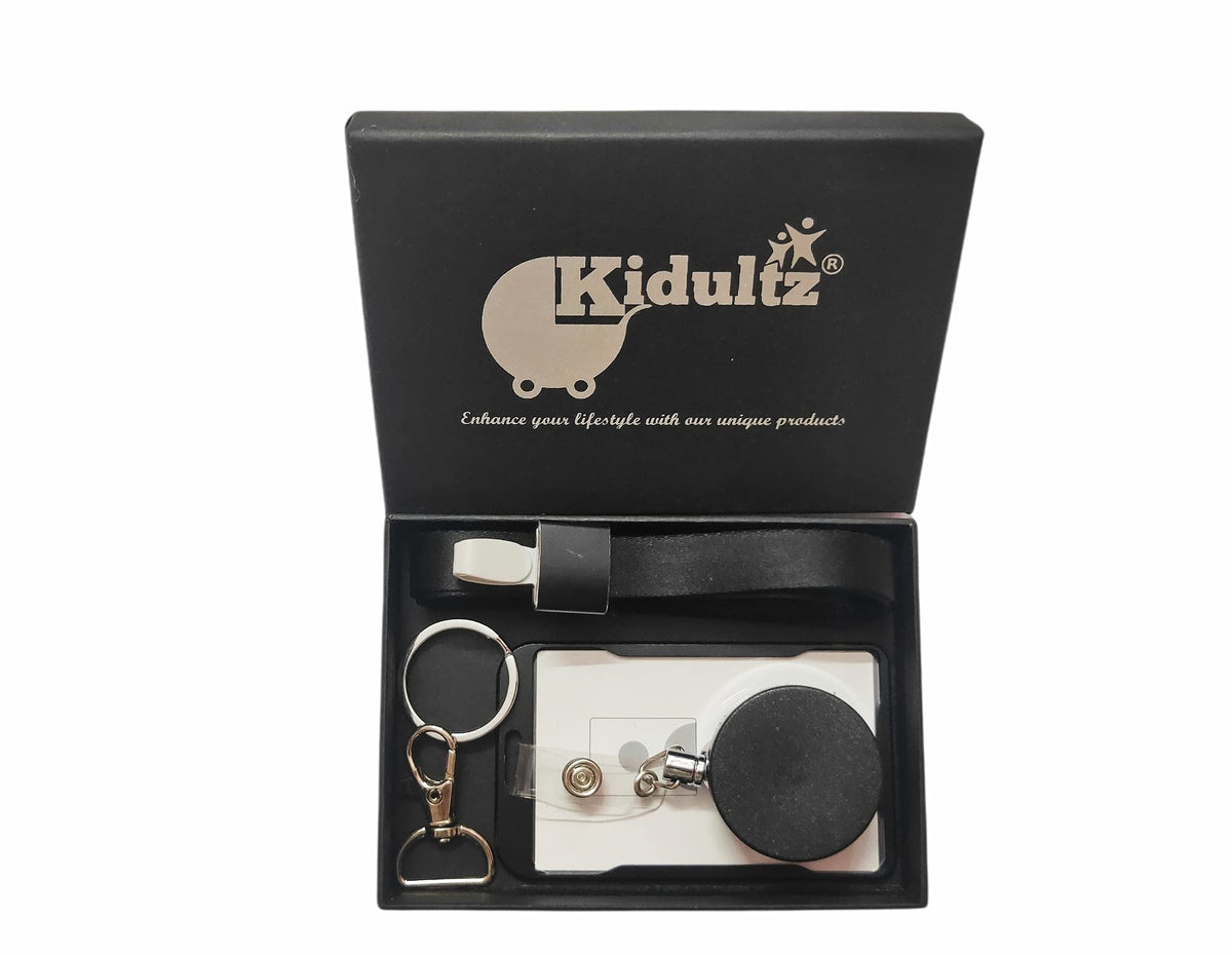 Kidultz Aluminium Premium I'd Card Metal Vertical Holder with Rope & Metal Retractable YoYo - Assorted Colour (1 Set - 1 I'd Holder, 1 Rope, 1 Hook & 1 Metal YoYo) (Black Vertical)