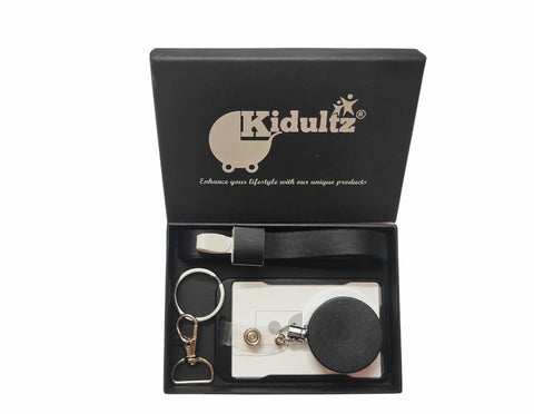 Kidultz Aluminium Premium I'd Card Metal Vertical Holder with Rope & Metal Retractable YoYo - Assorted Colour (1 Set - 1 I'd Holder, 1 Rope, 1 Hook & 1 Metal YoYo) (Black Vertical)