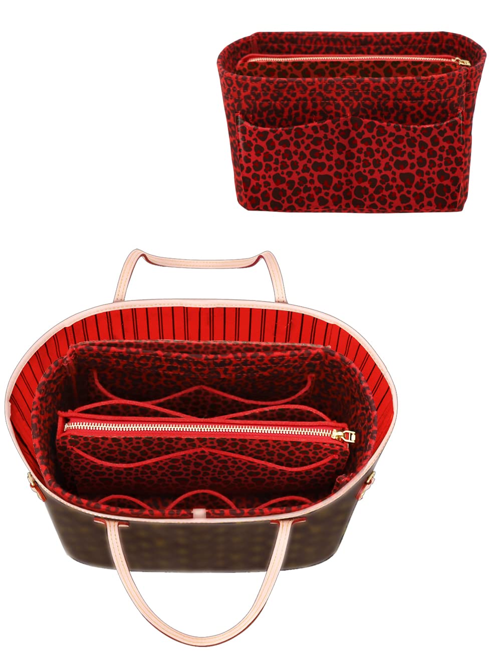 LEXSION Purse Tote Diaper Bag Organizer Lightweight Felt Insert Bag in Bag with Zipper Inner Pocket For Neverful Speedy 8021 R-Leopard2 L