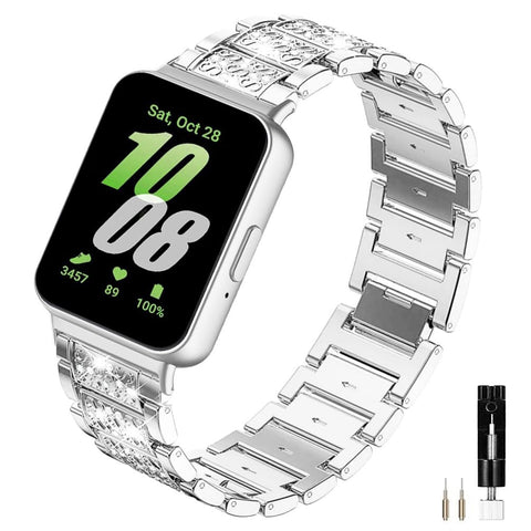 Sankel Compatible for Samsung Galaxy Fit 3 Watch Band, Women No Gap Metal Bling Jewelry Replacement Galaxy Fit3 Strap Bracelet Wristband for Galaxy Fit3 SM-R390 Smartwatch (Silver)