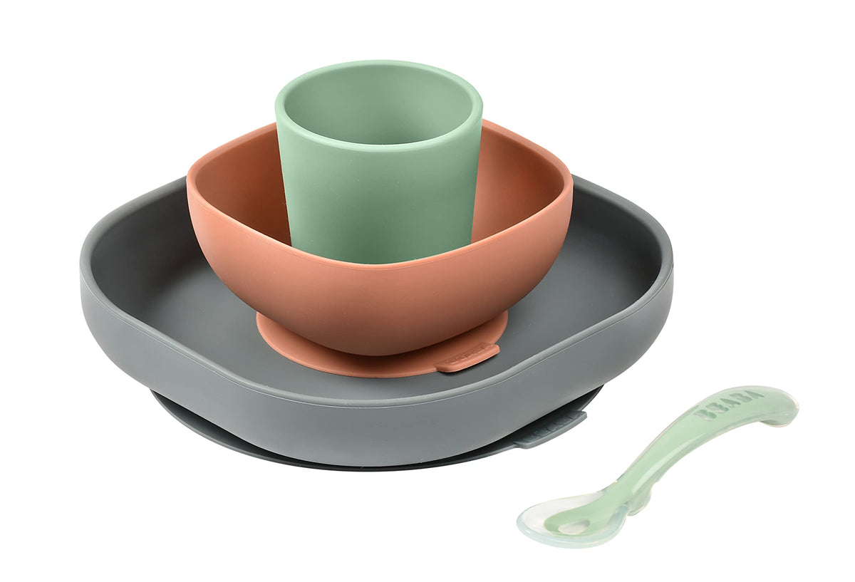 BÃ©aba Set Vaisselle Silicone Repas BÃ©bÃ©, Avec Ventouse, Anti-dÃ©rapant, 4 PiÃ¨ces, Assiette + BOL+ Verre + CuillÃ¨re, Silicone Saine et Durable, Compatible Lave-vaisselle, Micro-onde, Mineral